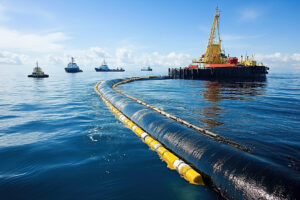 Sustainable marine construction site in San Diego featuring turbidity curtains for water protection